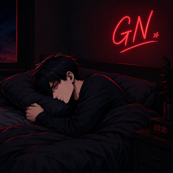An anime-style illustration of a dark-haired character sleeping in bed with a glowing red 'GN' (good night) neon sign on the wall and a digital clock showing 23:30.