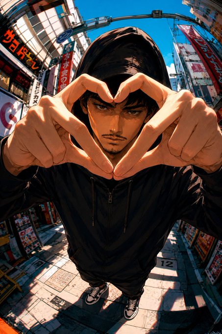 An anime-style illustration depicts a man in a black hoodie making a heart shape with his hands, viewed from a dramatic fisheye perspective on a Japanese street with visible signage.