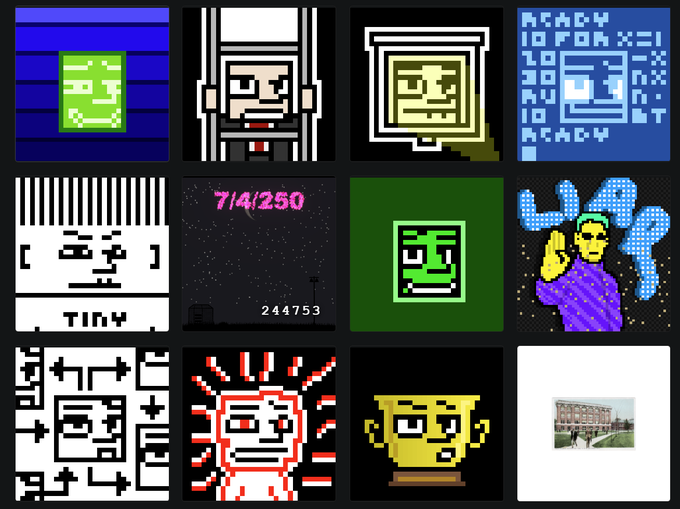 A 3x4 grid of pixel art / 8-bit style NFT images featuring various characters and faces, including a green square character, a blonde character with headphones, a green LCD-style face, a 'TINY' striped character, a starry night scene labeled '714/250', a sad green blocky face, a blue-suited character with raised hands, abstract black-and-white patterns, a red demonic character, a yellow trophy-like face, and a small photo of a building.