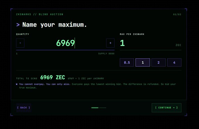 The image shows a digital interface for a ZKSNARKS blind auction, where users bid on 6969 ZEC at 1 ZEC per zkSNARK for a total of 6969 ZEC. The post by @zksnarks_ hints at an upcoming "cooking" event, likely teasing the next phase or launch of their privacy-focused auction platform.