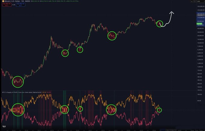 A Bitcoin (BTC/USD) weekly chart on TradingView highlights multiple historical bullish reversal points circled in green on both the price chart and the "BTC % Supply in Profit" indicator, with a hand-drawn arrow projecting a major upward move from the current $93,250 level—visually reinforcing the claim of an "extremely bullish setup" and "massive pump incoming."