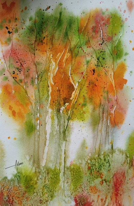 A watercolor painting of autumn trees with vibrant orange, red, and green foliage, signed 'Arno' in the lower left.