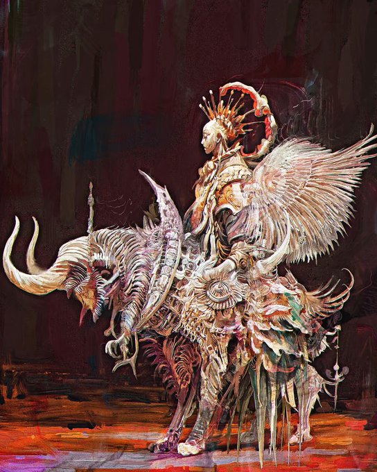 A detailed fantasy painting of a figure with an elaborate headdress riding a skeletal, winged creature with horns.