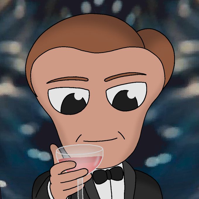 A cartoon-style illustration of a character with brown hair in a bun, wearing a tuxedo with a bow tie, holding a glass of pink drink against a dark bokeh background.