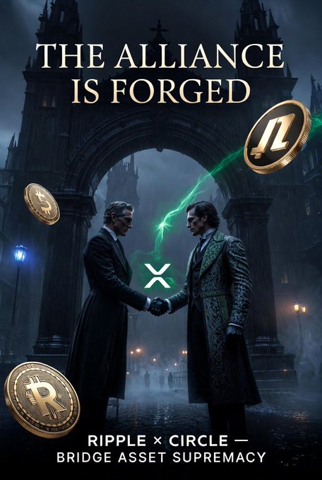 A cinematic promotional image with the headline 'THE ALLIANCE IS FORGED,' depicting two suited figures shaking hands before a gothic archway, with a glowing green 'X' between them. Bitcoin and XRP coins float nearby, and text at the bottom reads 'RIPPLE x CIRCLE — BRIDGE ASSET SUPREMACY.'