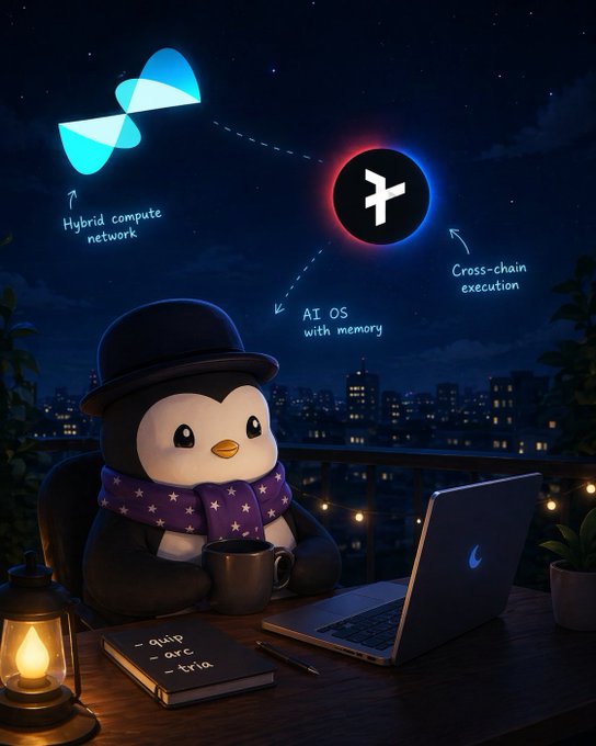 The image features a penguin sitting at a desk with a laptop computer, holding a cup of coffee. The scene takes place during nighttime, creating an atmosphere of coziness and relaxation. The penguin appears to be enjoying its time while working on the laptop or browsing the internet. The background includes a city skyline, adding depth to the image and providing context for the setting.
