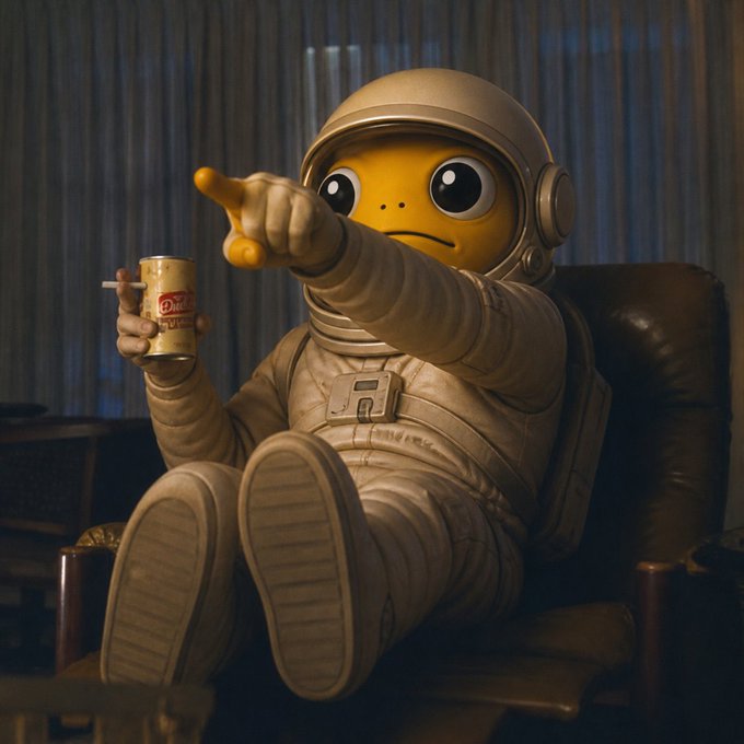 A 3D-rendered character in a tan astronaut suit sitting in a leather chair, pointing forward while holding a yellow can with a cigarette, featuring a yellow face with large eyes inside the helmet.
