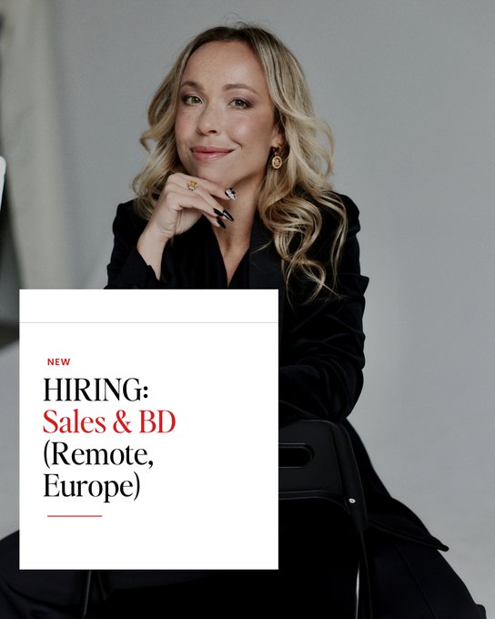 A smiling blonde woman in a black blazer poses thoughtfully with her hand on her chin, overlaid with a graphic reading "NEW HIRING: Sales & BD (Remote, Europe)" in red and black lettering, illustrating a recruitment post for Superteam Talent's new Sales and Business Development role based in Europe/Portugal.