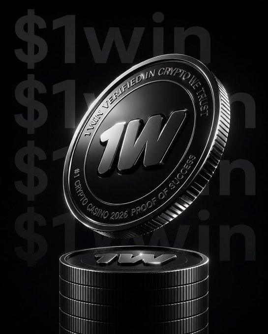 A sleek black promotional graphic features a floating metallic coin engraved with "1WIN" and the inscriptions "VERIFIED IN CRYPTO," "CRYPT CASINO 2026," and "PROOF OF SUCCESS," hovering above a stack of similar coins against a dark background displaying repeated "$1win" watermarks, visually representing the $1WIN crypto casino ecosystem and its upcoming tokenomics changes highlighted in the post.