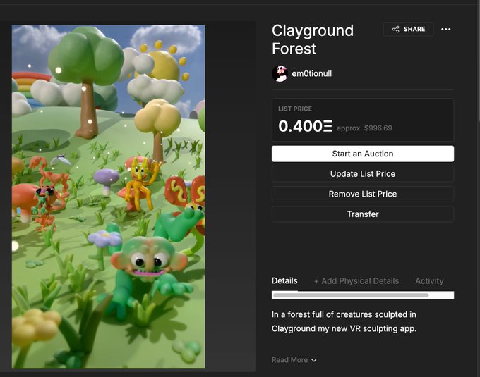 A screenshot of an NFT marketplace listing titled 'Clayground Forest' by user em0tionull, priced at 0.400 ETH (approx. $996.69), with options to Start an Auction, Update List Price, Remove List Price, and Transfer. The preview shows a colorful 3D clay-style forest scene with a green creature.