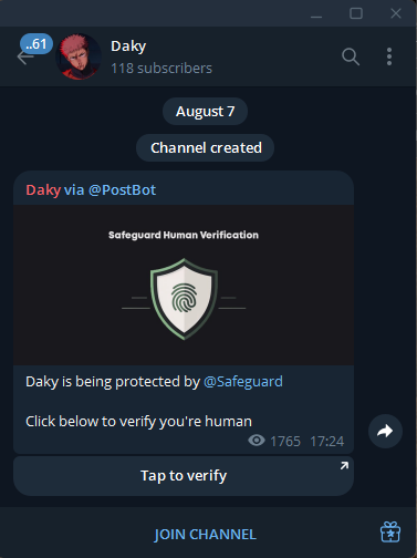 A Telegram channel screenshot for 'Daky' (118 subscribers) showing a Safeguard Human Verification message posted via @PostBot on August 7, requesting a tap to verify with 1,765 views.