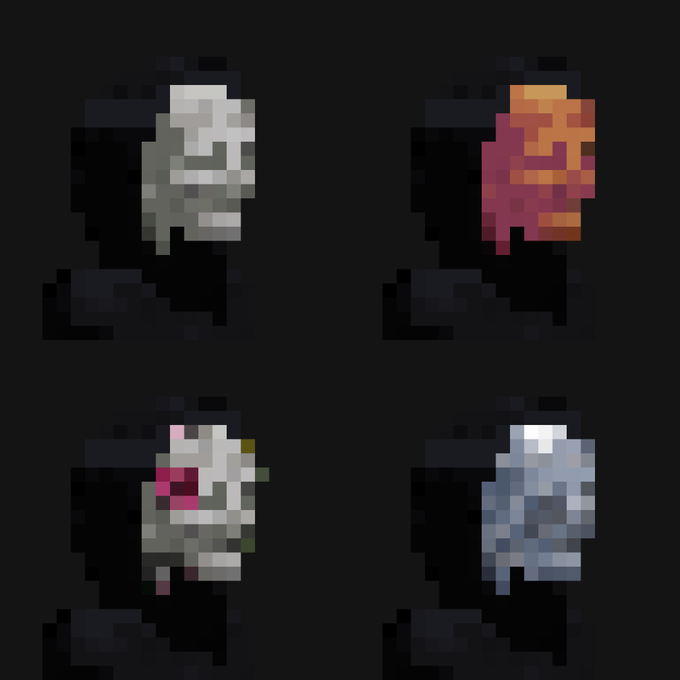 Pixel art depicting four variants of a head character (top left: stone, top right: fire/lava, bottom left: meat/flesh, bottom right: ice) with the bottom right figure appearing to be melting into a puddle.