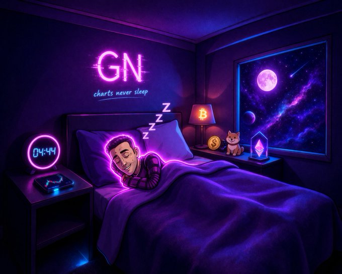 The neon "GN charts never sleep" sign glows above a peacefully sleeping figure, while a bedside clock reads 04:44, symbolizing how even at dawn builders rest before the markets wake.