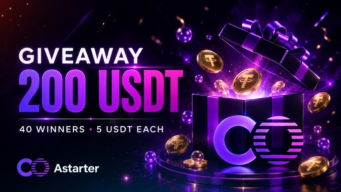 The image features a purple background with gold coins scattered throughout, creating an impression of a treasure chest filled with gold coins. The text "GIVEAWAY 200 USDT" is displayed above the chest, indicating that there's a prize pool for this giveaway. Below the chest, there are 40 winners listed out, each receiving 5 USDT as their reward. The post also mentions how to participate by following @A starterDefiHu or joining our official communities on Twitter and Discord.