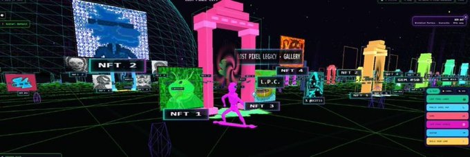 A vibrant, retro-futuristic virtual gallery scene labeled 'LOST PIXEL LEGACY - GALLERY' with various NFT displays, including NFT 1, NFT 2, and NFT 3, and a pink figure standing in the center.