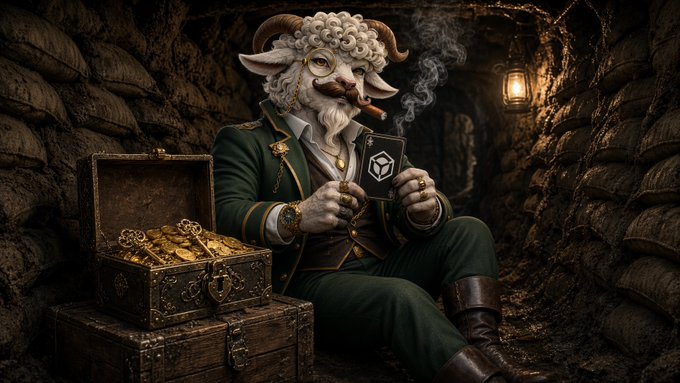 A digital illustration of an anthropomorphic sheep with horns, glasses, and a mustache, smoking a cigar while sitting in a dark, cave-like room next to a chest filled with gold coins and holding a smartphone displaying a logo.