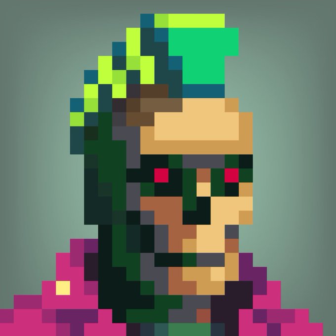 A pixel art portrait featuring a figure with a green mohawk, glowing red eyes, and a pink/magenta jacket against a teal background, representing the character's appearance as a cherished digital collectible in the user's vault.