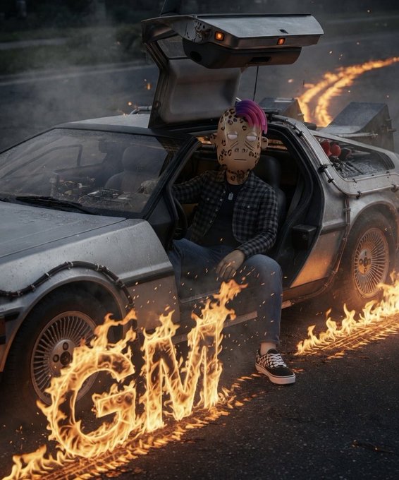 A figure wearing a hockey mask and pink hair sits in a DeLorean with its gull-wing doors open, surrounded by flames on the road.