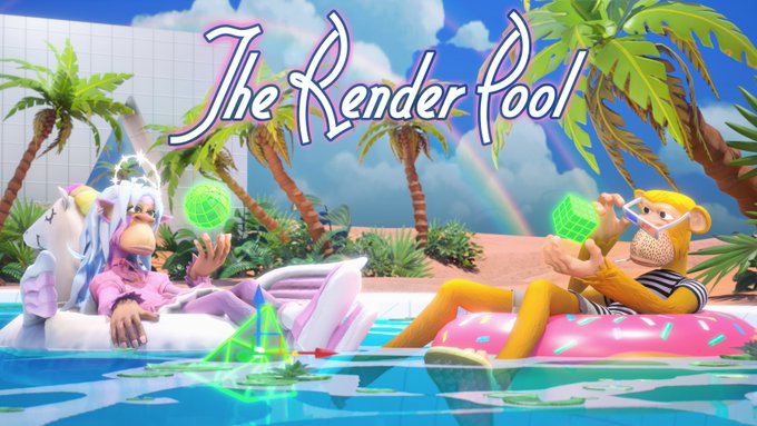 A 3D rendered scene titled 'The Render Pool' showing two cartoon monkey characters lounging in a swimming pool on inflatable rings. One monkey wears a purple and pink outfit with a halo, while the other wears a yellow outfit and sunglasses; both are interacting with glowing green holographic objects.