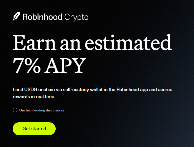 A Robinhood Crypto advertisement on a dark background promoting an estimated 7% APY for lending USDG onchain via self-custody wallet.