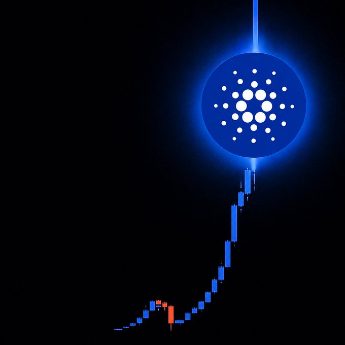 The image features a dark background with an upward-pointing, blue diamond logo composed of small white dots or circles arranged in a curved line or wavy pattern around the center, giving the impression that the symbols are floating above the viewer's eye level. The text "Massive week for cardano Are you bullish enough?" appears to be related to this image and could possibly be part of an advertisement, statement, or discussion about the stock price or market trends in general.