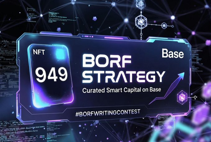 The image features a poster for a competition called @BORFSTRATEGY sponsored by @base. This competition involves smart capital and deal flow, as well as early builder support. The phrase "curated smart capital" indicates that this competition is about using smart capital effectively in deals and relationships. Additionally, the term "@base" implies the connection to base – both literal (the base of a place) and metaphorical (a company or organization). The image includes text that reads @BORFSTRATEGY, @base, and #BORFSTRATEGY.