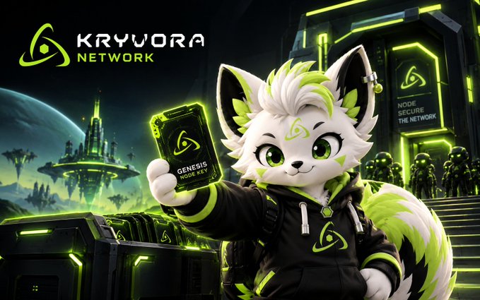 A promotional graphic for 'KRYVORA NETWORK' featuring an anime-style white and green fox mascot holding a 'GENESIS NODE KEY' card.