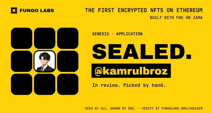 A Fungo Labs promotional graphic for 'THE FIRST ENCRYPTED NFTS ON ETHEREUM BUILT WITH FHE ON ZAMA' featuring a 3x3 grid with an anime character in one square and the text 'SEALED. @kamrulbroz In review. Picked by hand.'