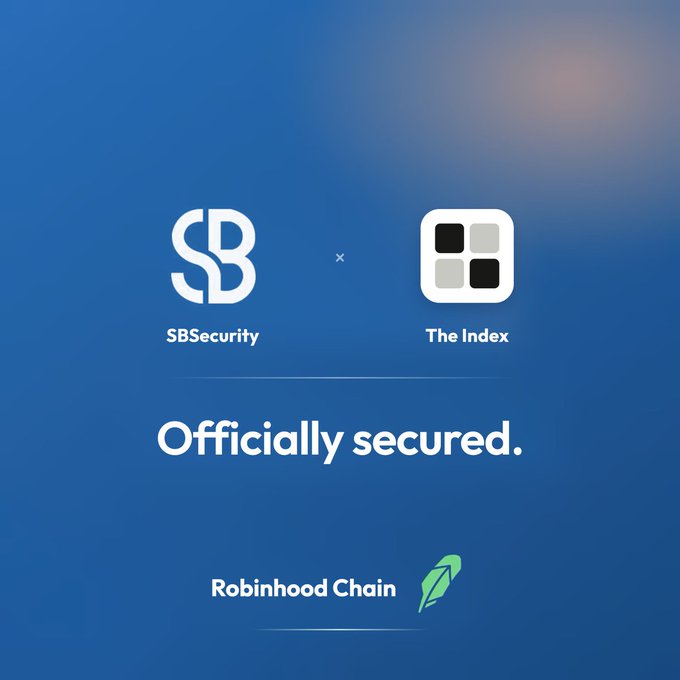 A blue announcement graphic featuring the "SBSecurity" logo and "The Index" logo side by side, announcing "Officially secured" for Index's tokenized baskets launching on the Robinhood Chain following a completed security audit.