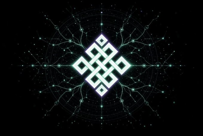 A digital graphic featuring a glowing white geometric endless knot symbol centered on a dark background with radiating teal circuit-like lines and nodes.