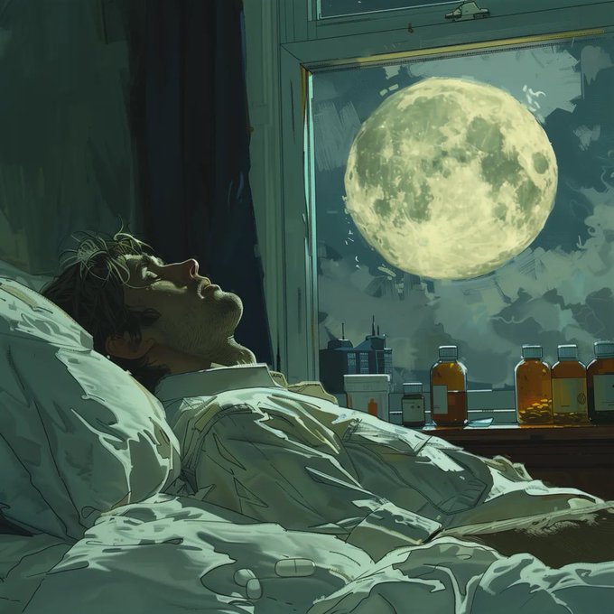 An illustrated scene of a man lying in bed looking out a window at a large full moon, with several amber medicine bottles lined up on the windowsill.