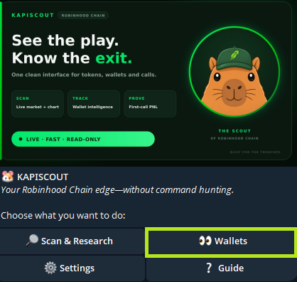 A promotional interface for 'KAPISCOUT' displays 'See the play. Know the exit.' alongside a cartoon mascot wearing a green scout hat, with the 'Wallets' option highlighted in green.