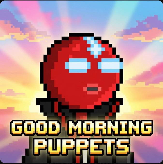 A pixel art image of a red character with a blue hair bow against a sunset sky, with the text 'GOOD MORNING PUPPETS' displayed at the bottom.