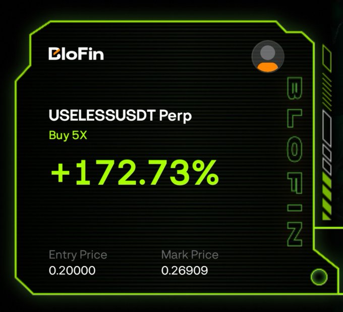 A BloFin trading interface displaying a 'USELESSUSDT Perp' position with 'Buy 5X' and a gain of '+172.73%', with an entry price of 0.20000 and mark price of 0.26909.