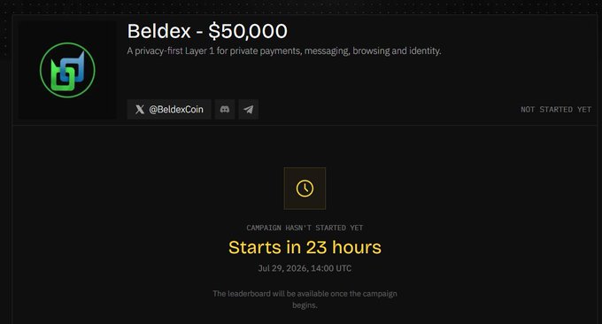 A crypto presale page for 'Beldex - $50,000', described as a 'privacy-first Layer 1 for private payments, messaging, browsing and identity', showing 'Starts in 23 hours' on Jul 29, 2026, 14:00 UTC.