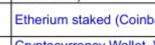 The image shows "Ethereum staked (Coinba" which relates to President Trump's alleged staking of Etherium.