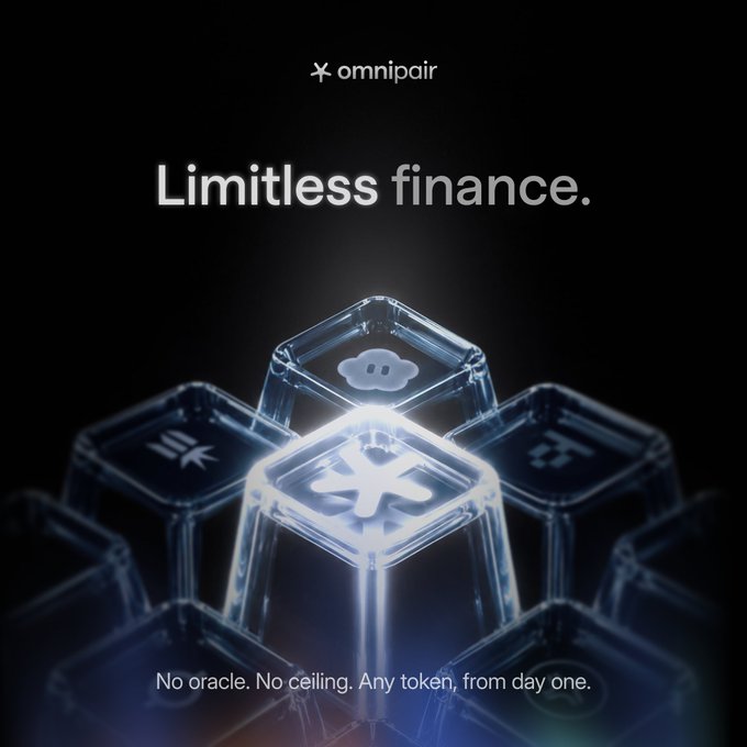 A dark promotional graphic for Omnipair displays the headline "Limitless finance." above glowing blue glass cubes stacked in a pyramid, with one featuring a sparkle logo. The tagline reads "No oracle. No ceiling. Any token, from day one.", reinforcing the message about permissionless margin markets on Solana.