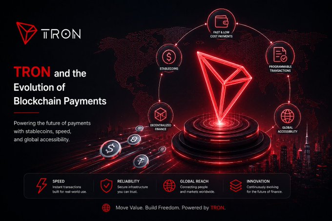 TRON blockchain promotional graphic titled 'TRON and the Evolution of Blockchain Payments' highlighting features: stablecoins, decentralized finance, fast & low cost payments, programmable transactions, and global accessibility.