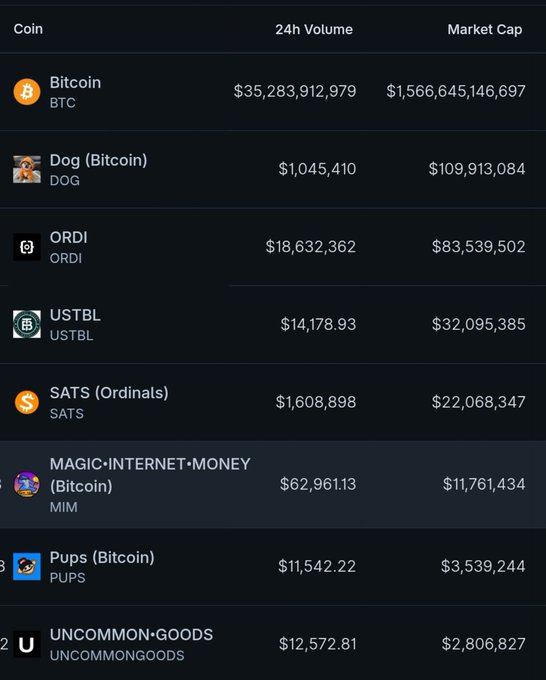 A cryptocurrency market dashboard displays coins including Bitcoin (BTC), Dog (DOG), ORDI, USTBL, SATS (Ordinals), MAGIC•INTERNET•MONEY (MIM), Pups (PUPS), and UNCOMMON•GOODS, showing their 24-hour trading volumes and market capitalizations.