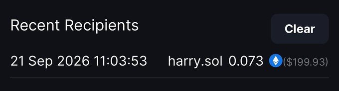 The image shows a "Recent Recipients" list displaying a single transaction dated 21 Sep 2026 11:03:53, where 0.073 SOL was sent to "harry.sol" with an equivalent value of $199.93, confirming the receipt of the $200 mentioned in the post.