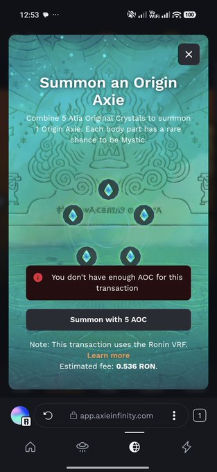 A mobile screenshot of the Axie Infinity app showing a 'Summon an Origin Axie' prompt, noting the user doesn't have enough AOC and listing an estimated fee of 0.536 RON.