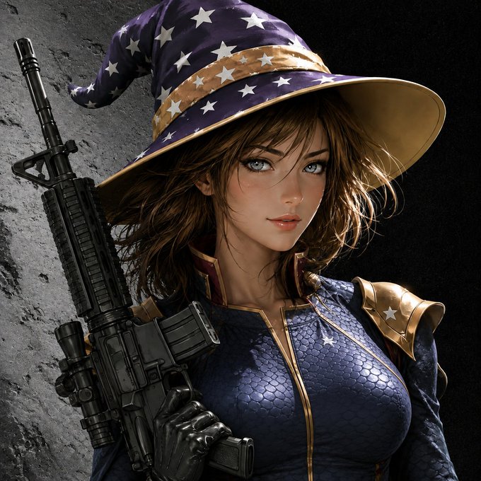 A stylized female warrior with a star-adorned witch hat and dark blue tactical suit holds an assault rifle, visually reinforcing the "patriotic warrior" theme referenced in the post's mention of @PatriotsSolana. The image's bold, military-inspired aesthetic complements the post's bullish speculation about the PatriotsSolana token reaching a 21-23M market cap.