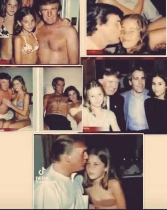 A TikTok collage of five old photographs shows an older man posing and kissing with various young women and girls across multiple images, appearing to suggest a pattern of inappropriate relationships that the post uses as evidence of misconduct.