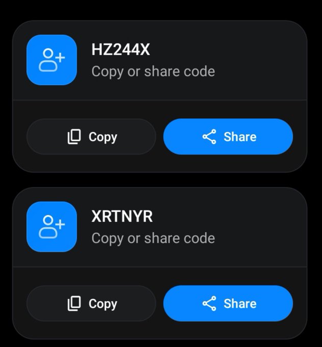A mobile app interface showing two referral codes, 'HZ244X' and 'XRTNYR', each with 'Copy or share code' text and buttons to 'Copy' or 'Share'.