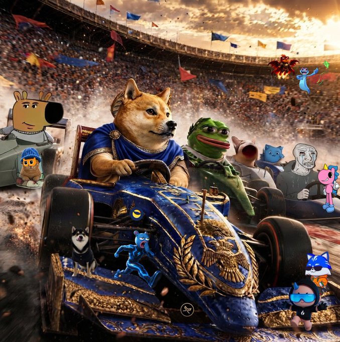 A meme image featuring various crypto and internet mascots (including Doge, Pepe, Wojak, and others) riding in a chariot-like vehicle in a Roman colosseum setting, with Doge wearing Roman armor and holding the reins.