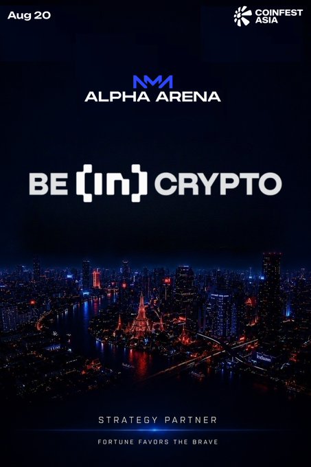 A promotional poster for 'Coinfest Asia' on 'Aug 20' featuring 'Alpha Arena' and the tagline 'BE (in) CRYPTO' over a night cityscape, with 'Fortune Favors the Brave' listed as strategy partner.