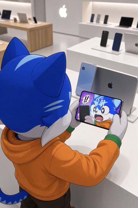 A 3D animated illustration of a blue cartoon cat character wearing an orange hoodie, taking a photo of Apple products (iPhones and MacBooks) on display in an Apple Store using a smartphone that shows the same character on its screen.