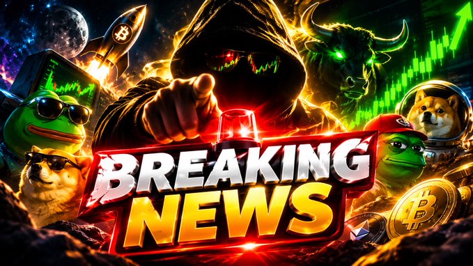 A hooded character points at the viewer amid rockets, Bitcoin, Pepe, Shiba Inu, and a Doge in an astronaut helmet, with a bold "BREAKING NEWS" banner and green candlestick charts framing the scene—visually reinforcing the post's hype about an anonymous memecoin "expert" preparing a new high-profit call.