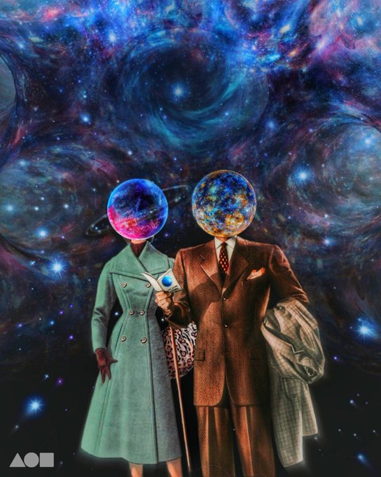 Two vintage-dressed figures with cosmic planets for heads stand against a swirling galaxy backdrop, symbolizing the reveal of a vast, star-studded new project still taking shape behind the scenes. The image's "AO" watermark appears in the bottom-left corner.