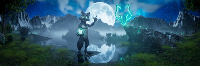 An anthropomorphic wolf character with glowing cyan accents waves goodnight in a mystical moonlit landscape featuring a glowing wolf logo, visually representing the WolfSwap brand mentioned in the bedtime-themed post about the Cronos-based decentralized trading platform.